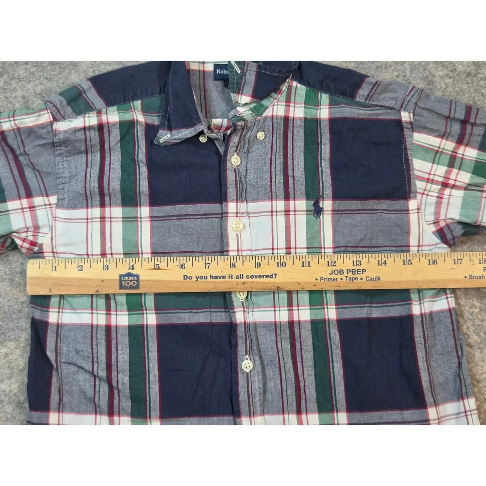 Ralph Lauren Boys Plaid Button Down Shirt Navy Green Red Cotton Size M 12/14